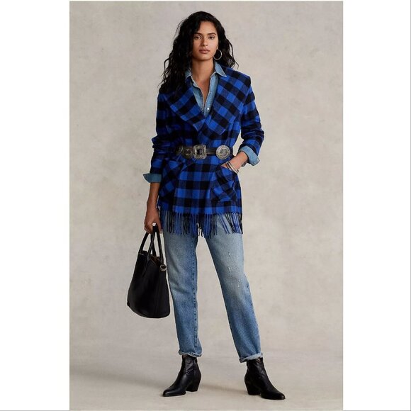 POLO RALPH LAUREN Checked Belted Shawl Collar Jacket XS Fringe Blue NEW $328 - Picture 14 of 14